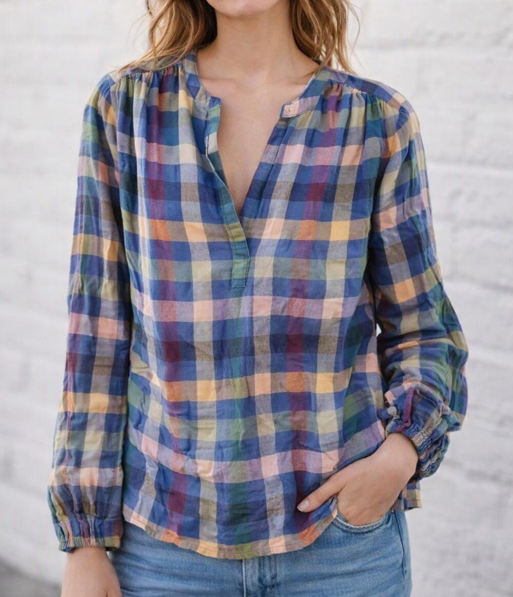 GAP Long Sleeve Femme Cotton Pullover Top Plaid Blue Pink Medium